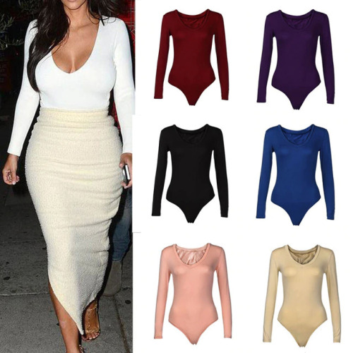 2019 New Fashionable Women Solid Color V-Neck Stretch Long Sleeve Plunge Tops Sexy Jumpsuit Hot Sale Skinny Bodysuits For Ladies