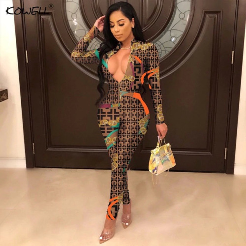 2019 New Sexy Stand Neck Skinny Rompers Zippers Long Sleeve Print Womens Jumpsuit Streetwear Plus Size Ladies Jumpsuits Overalls