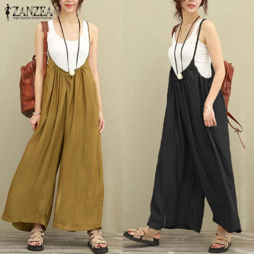 2019 New ZANZEA Women Overalls Rompers Plus Size S-5XL Sleeveless Dungarees Long Trousers Wide Leg Pants Cotton Linen Jumpsuits