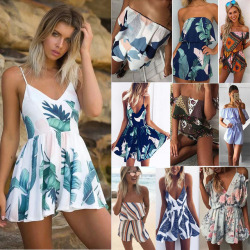 2019 Summer Women Beach Jumpsuit Plus size Print Romper Sleeveless Off Shoulder Short Overalls Backless Sexy Playsuit For Female