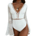 2019 Women Lace Bodysuit Sexy Deep V-Neck Flare Sleeve Playsuit Romper Ladies Backless Long Sleeve Hollow Out Body Suit Overalls