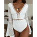 2019 Women Lace Bodysuit Sexy Deep V-Neck Flare Sleeve Playsuit Romper Ladies Backless Long Sleeve Hollow Out Body Suit Overalls