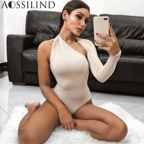 AOSSILIND Sexy One Shoulder Backless Skinny Bodysuits Women Autumn Long Sleeve Hollow Out Rompers Ladies Stretchy Bodysuit