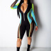 Adogirl S-3XL Color Patchwork Sheer Mesh Bandage Jumpsuit Women Sexy Zipper V Neck Long Sleeve Shorts Romper Night Club Playsuit