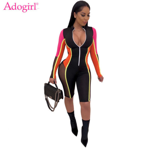 Adogirl S-3XL Color Patchwork Sheer Mesh Bandage Jumpsuit Women Sexy Zipper V Neck Long Sleeve Shorts Romper Night Club Playsuit