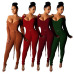 Adogirl Solid Off Shoulder Ribbed Jumpsuit with Belt Women Sexy V Neck Long Sleeve Romper Night Club Overalls Knitting Jumper