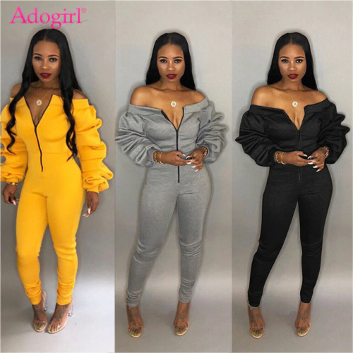 Adogirl Women Casual Jumpsuit Zipper Front Slash Neck Off Shoulder Long Puff Sleeve Thick Romper Fashion Overalls Female Jumper