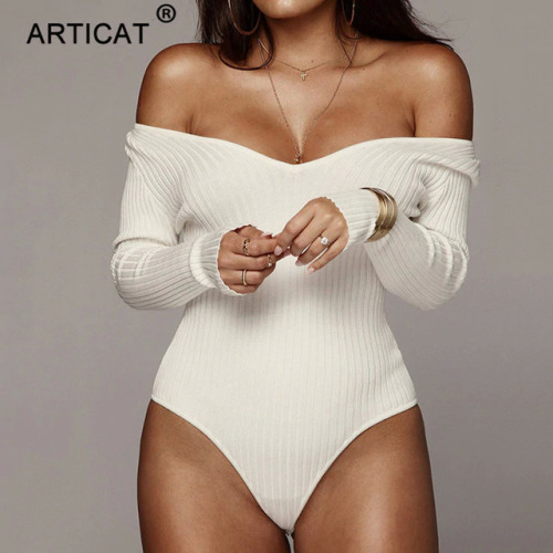 Articat Off Shoulder Ribbed Knitted Sexy Bodysuit Women Black V Neck Summer Slim Rompers Womens Jumpsuit Winter Basic Bodysuits