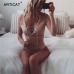 Articat Sexy Bandage Lace Bodysuit Women Autumn V Neck Long Sleeve Lace Up Rompers Womens Jumpsuit See Through Bodycon Playsuit