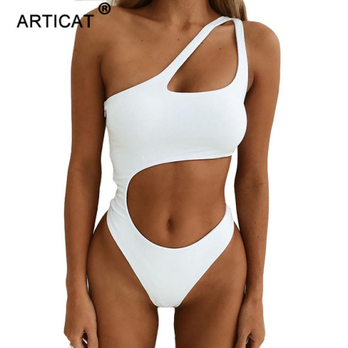 Articat White One Shoulder Bodysuit Women Summer Top Sleeveless Hollow Out Bodycon Rompers Sexy Jumpsuit Women Beach Overalls