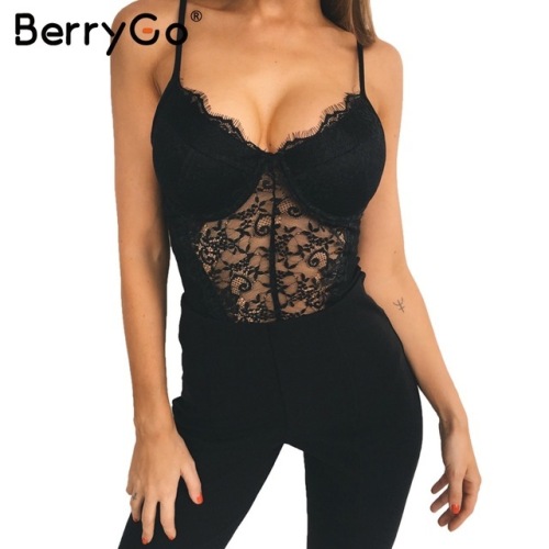 BerryGo Sexy backless lace bodysuit Black skinny fringe bodysuit one-piece jumpsuit romper women Summer party playsuit coveralls