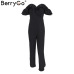 BerryGo Sexy backless off shoulder black jumpsuit women Tiered ruffle high waist jumpsuit romper Female casual overall femme