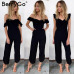 BerryGo Sexy backless off shoulder black jumpsuit women Tiered ruffle high waist jumpsuit romper Female casual overall femme