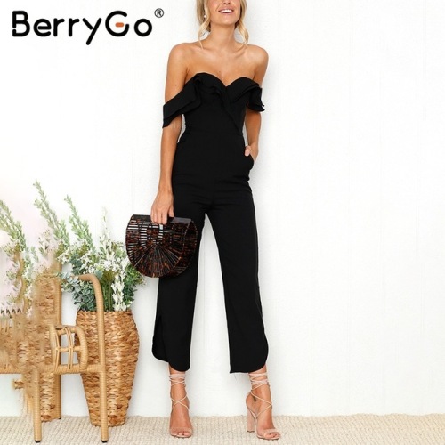 BerryGo Sexy backless off shoulder black jumpsuit women Tiered ruffle high waist jumpsuit romper Female casual overall femme