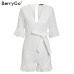 BerryGo Sexy deep v-neck jumpsuit romper women Ruffled hollow out embroidery cotton white playsuit Elegant sashes jumpsuit short