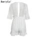 BerryGo Sexy deep v-neck jumpsuit romper women Ruffled hollow out embroidery cotton white playsuit Elegant sashes jumpsuit short