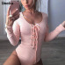 Bodycon Bodysuit Women Long Sleeve Bandage Solid Color Casual Rompers Round Neck Pink Ladies Plus Size 5xl Female Bodysuit