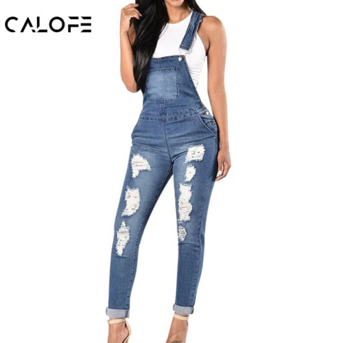 CALOFE 2019 New Spring Women Overalls Cool Denim Jumpsuit Ripped Holes Casual Jeans Sleeveless Jumpsuits Hollow Out Rompers 2XL