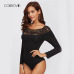 COLROVIE Black Hollow Out Shoulder Solid Night Out Sexy Skinny Bodysuit Autumn Scoop Long Sleeve Elegant Women Bodysuits