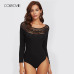 COLROVIE Black Hollow Out Shoulder Solid Night Out Sexy Skinny Bodysuit Autumn Scoop Long Sleeve Elegant Women Bodysuits