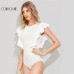 COLROVIE Black Ruffle Cute Textured Bodysuit Women White Cap Sleeve Slim Summer Bodysuits Fashion New Sexy Brief Skinny Bodysuit