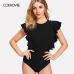 COLROVIE Black Ruffle Cute Textured Bodysuit Women White Cap Sleeve Slim Summer Bodysuits Fashion New Sexy Brief Skinny Bodysuit