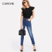 COLROVIE Black Ruffle Cute Textured Bodysuit Women White Cap Sleeve Slim Summer Bodysuits Fashion New Sexy Brief Skinny Bodysuit