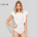 COLROVIE Black Ruffle Cute Textured Bodysuit Women White Cap Sleeve Slim Summer Bodysuits Fashion New Sexy Brief Skinny Bodysuit