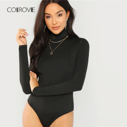 COLROVIE Black Solid High Neck Girl Sexy Bodysuit Women Autumn Long Sleeve Female Slim Skinny Basic Women Bodysuits