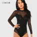 COLROVIE Black Solid Mock Neck Mesh Panel Skinny Sexy Bodysuit Women Autumn Long Sleeve Office Female Basic Night Out Bodysuits