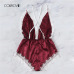 COLROVIE Burgundy Criss Cross Lace Trim Romper Bodysuit Women Teddy Strap Playsuit Womens Clothing Backless Sexy Bodysuit