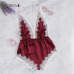 COLROVIE Burgundy Criss Cross Lace Trim Romper Bodysuit Women Teddy Strap Playsuit Womens Clothing Backless Sexy Bodysuit