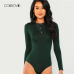 COLROVIE Green Solid Backless Long Sleeve Sexy Lace Bodysuit Women Autumn Elegant Female Office Basic Skinny Bodysuits