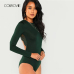 COLROVIE Green Solid Backless Long Sleeve Sexy Lace Bodysuit Women Autumn Elegant Female Office Basic Skinny Bodysuits