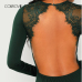 COLROVIE Green Solid Backless Long Sleeve Sexy Lace Bodysuit Women Autumn Elegant Female Office Basic Skinny Bodysuits