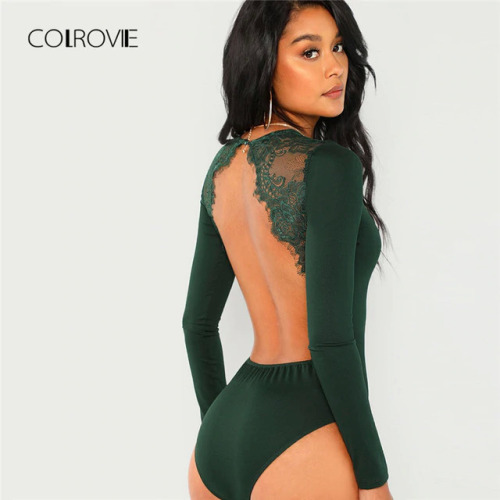 COLROVIE Green Solid Backless Long Sleeve Sexy Lace Bodysuit Women Autumn Elegant Female Office Basic Skinny Bodysuits