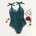 COLROVIE Ribbon Floral Lace Bodysuit Bow Tie Shoulder Women Green Cute Summer Bodysuits Sexy See Though Elegant Bodysuit