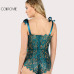 COLROVIE Ribbon Floral Lace Bodysuit Bow Tie Shoulder Women Green Cute Summer Bodysuits Sexy See Though Elegant Bodysuit