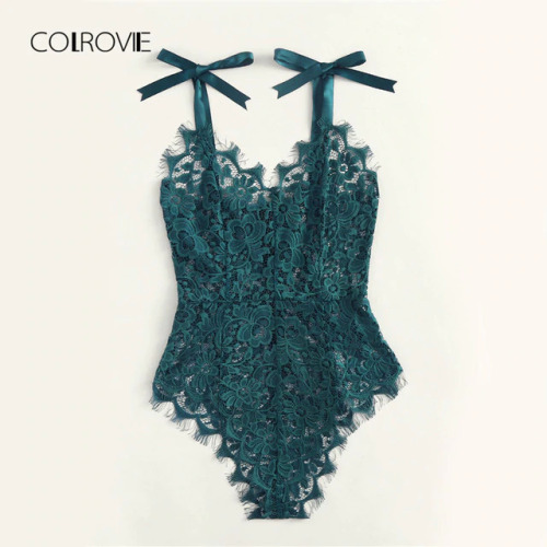 COLROVIE Ribbon Floral Lace Bodysuit Bow Tie Shoulder Women Green Cute Summer Bodysuits Sexy See Though Elegant Bodysuit