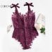 COLROVIE Sexy Bodysuit Purple V neck Strap Sleeveless Backless Lace Bodysuit Ribbon Tie Shoulder Floral Skinny Bodysuit