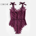 COLROVIE Sexy Bodysuit Purple V neck Strap Sleeveless Backless Lace Bodysuit Ribbon Tie Shoulder Floral Skinny Bodysuit