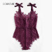 COLROVIE Sexy Bodysuit Purple V neck Strap Sleeveless Backless Lace Bodysuit Ribbon Tie Shoulder Floral Skinny Bodysuit