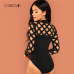 COLROVIE Solid Mock Neck Geo Cut Out Skinny Black Bodysuit Women Autumn Long Sleeve Sexy Body Office Female Basic Bodysuits