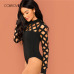 COLROVIE Solid Mock Neck Geo Cut Out Skinny Black Bodysuit Women Autumn Long Sleeve Sexy Body Office Female Basic Bodysuits