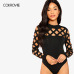 COLROVIE Solid Mock Neck Geo Cut Out Skinny Black Bodysuit Women Autumn Long Sleeve Sexy Body Office Female Basic Bodysuits