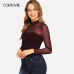 COLROVIE Solid Mock Neck Mesh Sheer Skinny Black Night Out Bodysuit Women Autumn Long Sleeve Sexy Body Female Basic Bodysuits