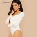 COLROVIE Solid Ruched Puff Sleeve Skinny White Bodysuit Women Autumn Long Sleeve Sexy Body Office Female Basic Bodysuits