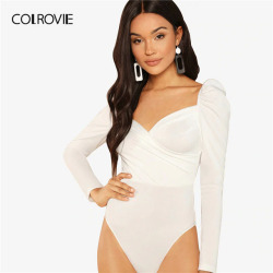 COLROVIE Solid Ruched Puff Sleeve Skinny White Bodysuit Women Autumn Long Sleeve Sexy Body Office Female Basic Bodysuits