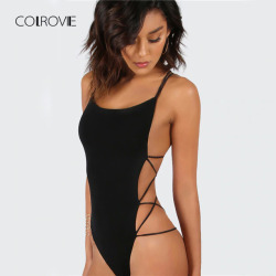 COLROVIE Strappy Backless Bodysuit Women Black Sleeveless Summer Beach Hot Bodysuits Navy Scoop Neck Cross Slim Cami Bodysuit