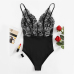 COLROVIE Vintage Lace Cami Bodysuit Mixed Media Women Patchwork Slim Sleeveless Bodysuits Black V Neck Basic Strap Bodysuit